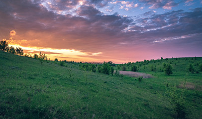 Fields landscape in summer sunset and sunrise