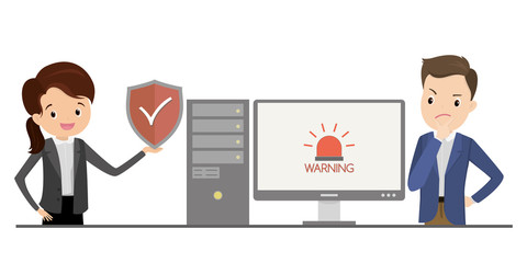 sad male think and happy female holding a protection shield