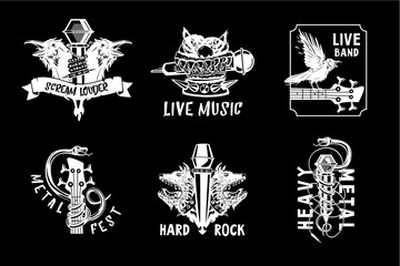 Fototapeta premium Vintage music emblem. Tattoo style illustration pack for rock and rap music. Heavy metal and hip-hop style. Retro design vector icons.