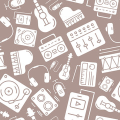 Music - Vector background (seamless pattern) of silhouettes sound equipment for graphic design
