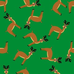 Seamless pattern with deers on a green background. Stock vector illustration for decoration and design, wrapping paper, fabrics, wallpaper, children, greeting cards, posters and more.