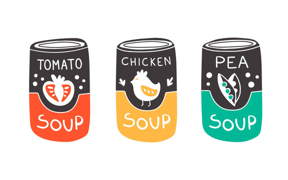 Vector illustration of can with soup in doodle style. Tomato soup, chicken soup and pea soup. Cute kawaii art with yellow, red and green color for concept and design