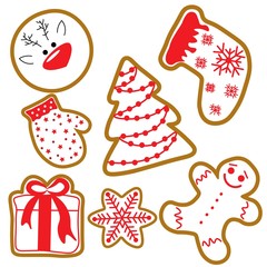 Christmas set of gingerbread cookies with patterns isolated on white background. Stock vector illustration for decoration and design, cards, posters, stickers, holiday element and more.