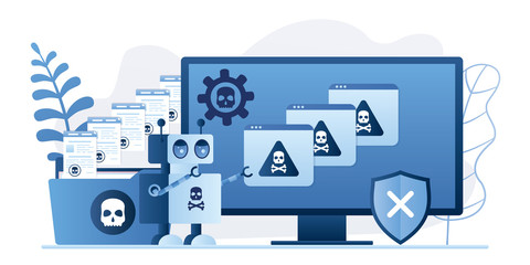 Network piracy danger. Errors on monitor screen. Pirate attack artificial intelligence concept. Folder with virus files.