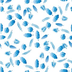 Seamless pattern of different blue tropical leaves on a white background. Stock vector illustration for decoration and design, wrapping paper, wallpaper, fabrics, postcards, posters, web pages