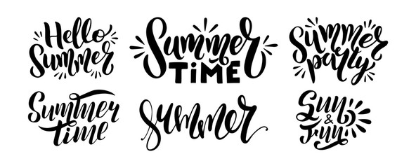 Set of logo text - hello summer, summer time, party, sun and fun.
