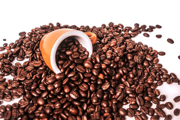 cup of coffee with beans on white background