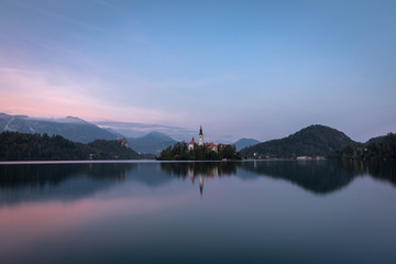 Sunset landscapes of Bled Island in Bled Lake, Slovenia