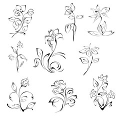 flowers 65. SET. stylized flowers on stems with leaves in black lines on white background. SET