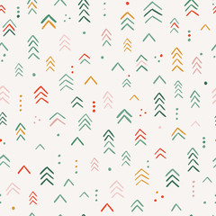Abstract, stylized fir tree seamless background. Red, green and yellow dominate. Illustration for fabric, background, wallpaper, scrapbooking projects for kids.
