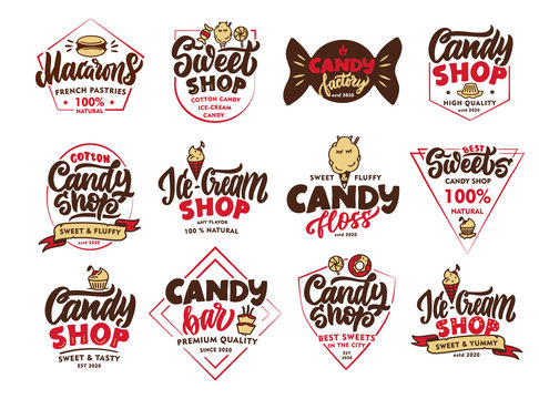 Set of vintage Candy emblems and stamps. Colorful Sweet shop badges, templates, stickers on white background