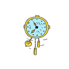 Hand drawn doodle kawaii wall clock with pendulum golden hands showing time. Interior design home objects concept. Cute cartoon vintage style