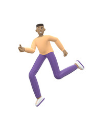 A young cheerful African guy dances, jumps, levitates and flies. Positive character in casual colored clothes isolated on a white background. Funny, abstract cartoon people. 3D rendering.