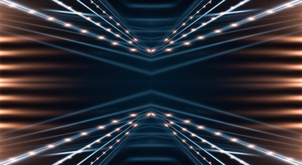 Fototapeta premium Dark abstract futuristic background. Neon lines glow. Neon lines, shapes. Multi-colored glow, blurry lights. Empty stage background. Dark blue background, yellow rays.