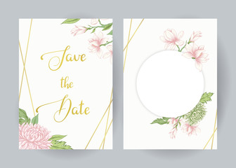 Save the date. Cards / templates with pink flowers and golden lines
