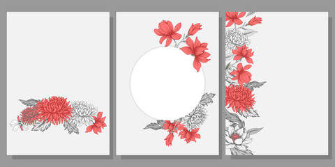 Set of cards / templates with gray and red flowers