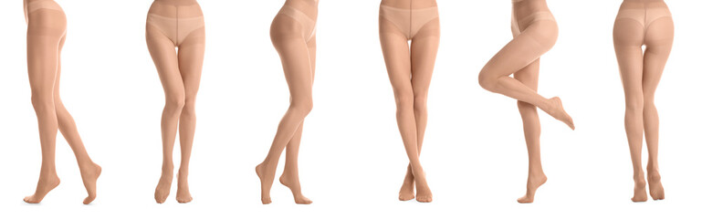 Collage of women wearing tights on white background, closeup of legs. Banner design