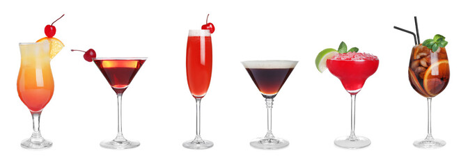 Set of different tasty cocktails on white background