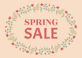 Spring sale design. Beautiful colorful illustration with floral decorative frame. Vector EPS10