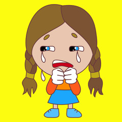 emoji with poor upset chibi girl that weeps and cries with tear drops running on his hands because he is devastated by troubles in life, simple colored emoticon