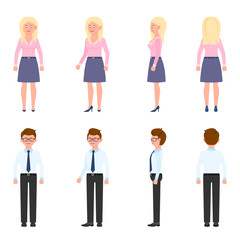 Nice, cute, handsome, pretty young office worker man and woman vector illustration. Standing, smiling, front, side, back view male and female people cartoon character set on white