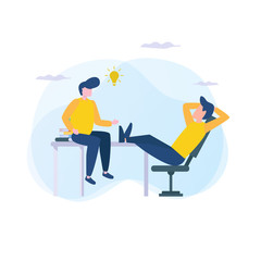 Two people are relaxing and sharing ideas, men have ideas sitting on a chair and table