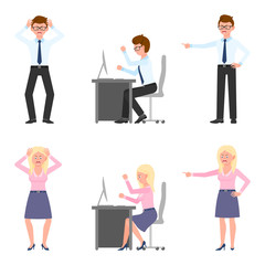 Angry, stressed, desperate office boy and girl vector illustration. Shouting, pointing finger, screaming, sitting at desk male and female cartoon character set on white