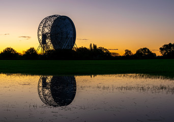 Sunrise at the Lovell Telescope at Jodrell Bank in the Cheshire landscape - a UNESCO World Heritage...