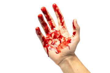 Picture of a bloody hand full of blood Isolated on white background. Injury and crime concept. 