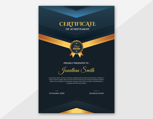 Vertical Dark Blue & Gold Certificate Template 