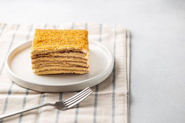 Delicious slice of homemade honey cake on white background.