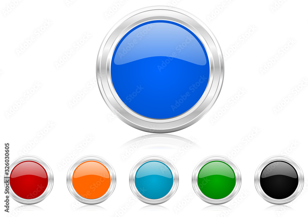 Poster set of silver metallic chrome border buttons in 6 color options, web icons template with reflection
