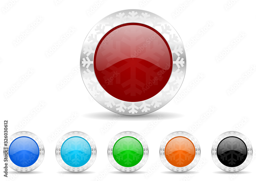 Poster set of silver metallic chrome border web buttons in 6 color options, winter and snowflake concept icons template