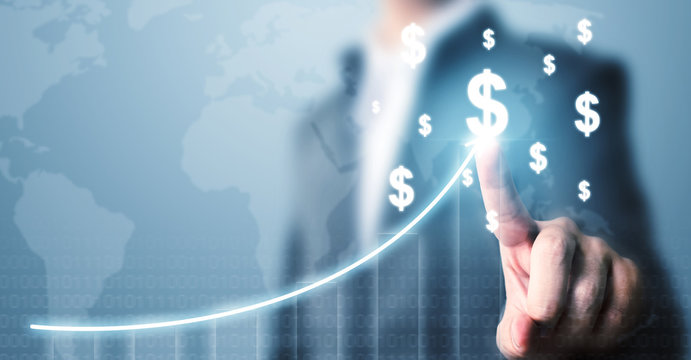 Businessman pointing dollar currency icon with a map and graph growing growth, Concept online transaction application for ecommerce and internet investment