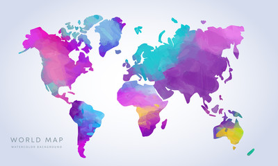 Vector hand drawn vibrant watercolor world map isolated on white background	