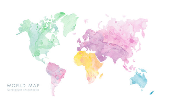 Vector hand drawn light grunge watercolor world map isolated on white background