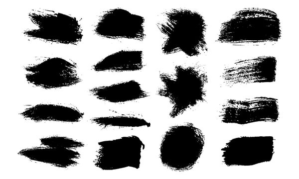 Ink brush stroke black set. Grunge isolated texture on white. Paintbrush collection design elements. Acrylic paint smear, black stains. Vector illustration