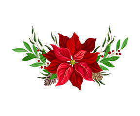 Christmas Flower Composition with Berries Twigs and Cone Firs Vector Illustration