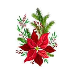 Holiday Floral Composition Arranged From Red Christmas Flower and Fir Tree Twigs Vector Illustration