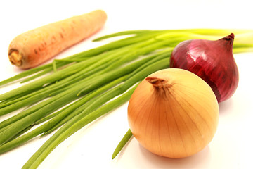 Carrots, green onion feathers, black-violet and yellow onions isolated on white background