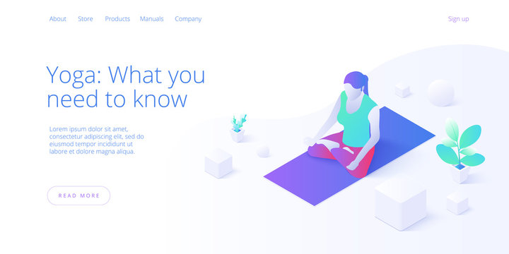 Female doing yoga or pilates pose in studio in isometric vector design. Concept for wellness or healthy lifestyle with woman exercising in lotus position. Web banner layout template.