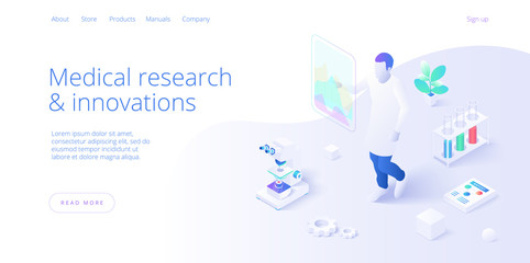 Medical research laboratory concept in isometric vector illustration. Pharmaceutical or chemical lab female and male assistants at desk with microscope. Web banner layout template.
