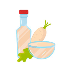 Vector illustration of a bottle with chrenovina souce and horseradish. Food additive on a white background.
