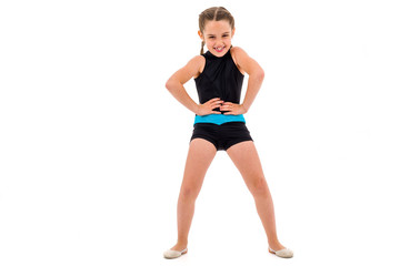 Fototapeta premium Girl child practice and doing rhythmic gymnastics portrait, white background.