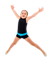 Fototapeta na wymiar Girl child practice and doing rhythmic gymnastics portrait, white background.