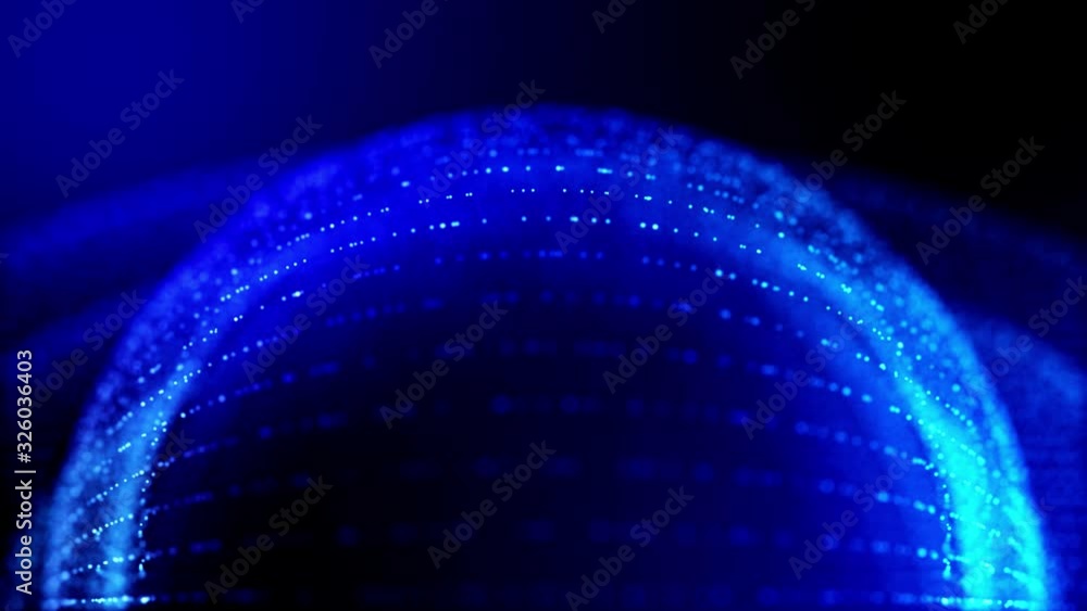 Poster 4k seamless looped science-fiction blue background with radial structures, particles oscillate and m