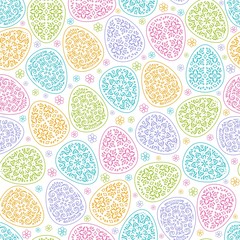 Vector seamless background for happy Easter day. Multi-colored eggs with decorative carved ornament and flowers on a white background. Repeating texture for wallpaper design, website, print, textile.