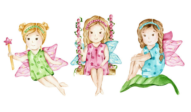 Set of cute Fairy girl sitting on the leaf, flying with magic wand, sitting on a swing. Fantasy cartoon character, isolated object on white background..