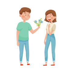 Smiling Man Giving Bunch of Flowers to Woman Vector Illustration