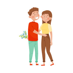 Smiling Man Embracing Woman and Giving Her a Bunch of Flowers Vector Illustration
